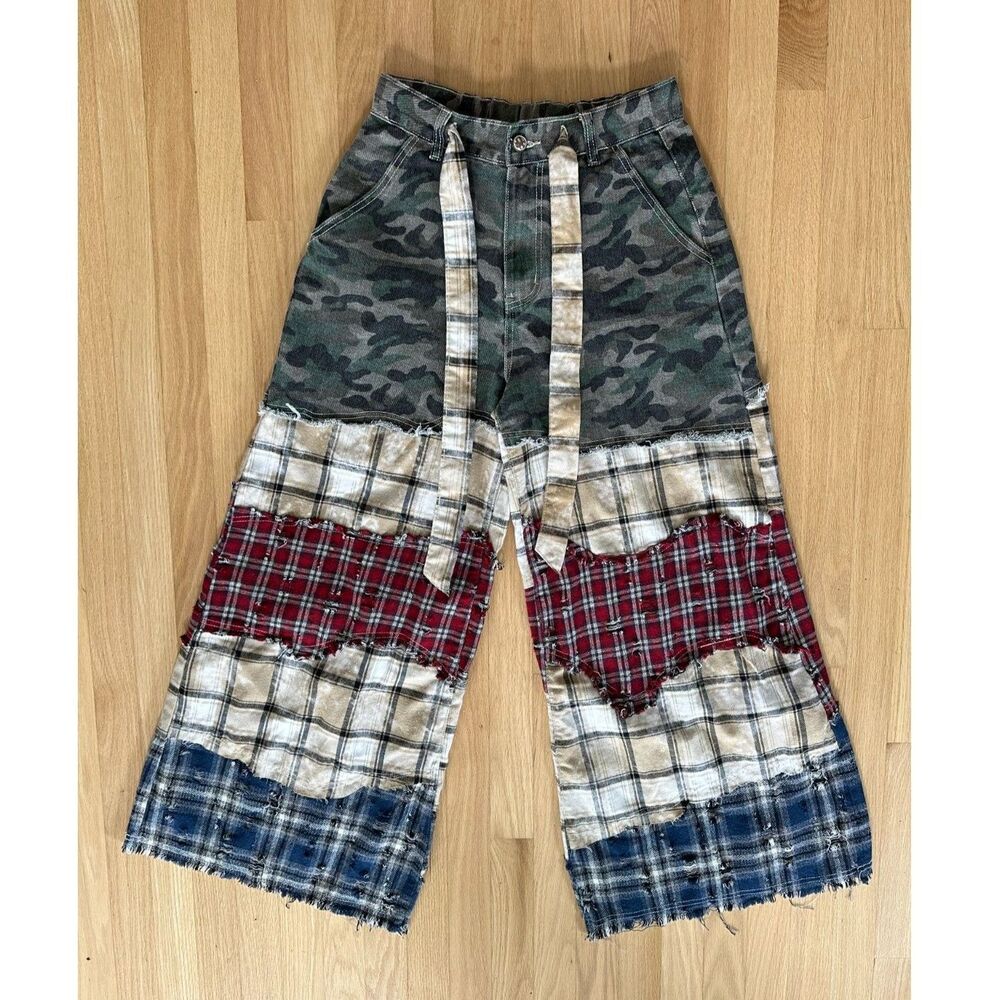 POL Camo Meets Plaid Wide Leg Pants size Small Distressed Patchwork Fall Boho